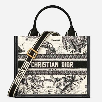 Dior Small Book Tote Bag with Strap in Zodiac Embroidery and Black Calfskin