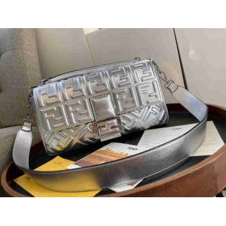Fendi Baguette Large Bag In Silver Lambskin With FF Motif