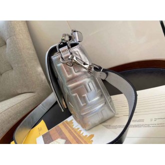 Fendi Baguette Large Bag In Silver Lambskin With FF Motif