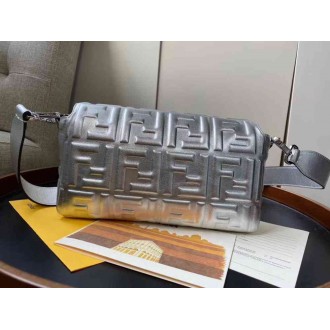 Fendi Baguette Medium Bag In Silver Lambskin With FF Motif