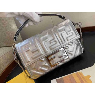 Fendi Baguette Mini Bag In Silver Lambskin With FF Motif