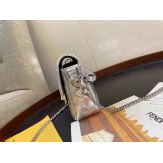 Fendi Baguette Mini Bag In Silver Lambskin With FF Motif