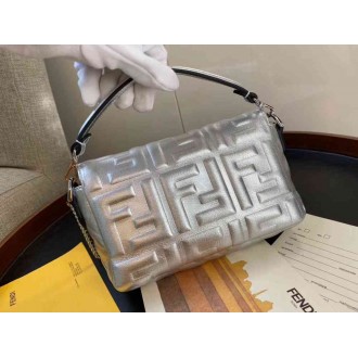 Fendi Baguette Mini Bag In Silver Lambskin With FF Motif