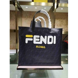 Fendi Black Glazed Fabric Shopper White Logo Bag