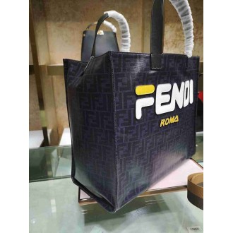 Fendi Black Glazed Fabric Shopper White Logo Bag