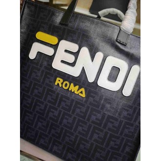 Fendi Black Glazed Fabric Shopper White Logo Bag