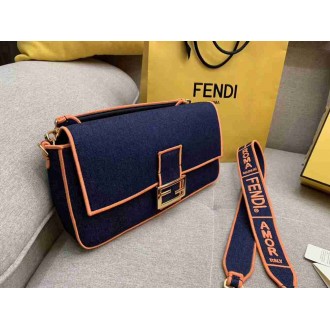 Fendi Large Baguette Bag In Blue Denim With Orange Trim