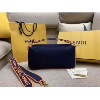 Fendi Large Baguette Bag In Blue Denim With Orange Trim