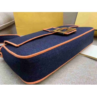Fendi Large Baguette Bag In Blue Denim With Orange Trim