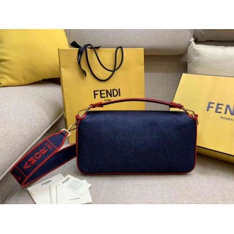Fendi Large Baguette Bag In Blue Denim With Red Trim