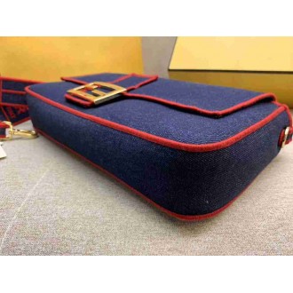 Fendi Large Baguette Bag In Blue Denim With Red Trim