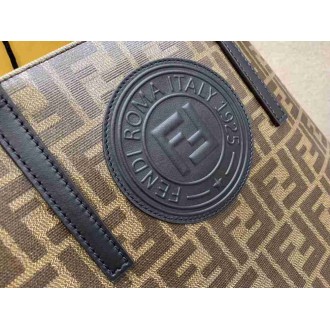 Fendi Logo Shopper Bag In Glazed Fabric With Black Leather