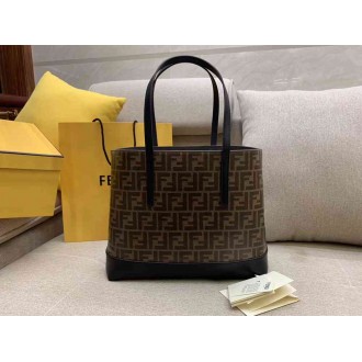 Fendi Logo Shopper Bag In Glazed Fabric With Black Leather