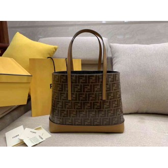 Fendi Logo Shopper Bag In Glazed Fabric With Tan Leather
