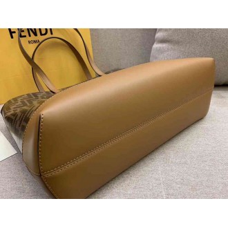 Fendi Logo Shopper Bag In Glazed Fabric With Tan Leather