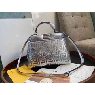Fendi Peekaboo Mini Bag In Silver Lambskin With FF Sequins