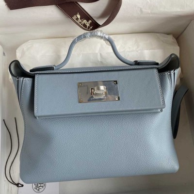 Hermes 24 24 Mini 21 Handmade Bag in Blue Lin Evercolor Leather