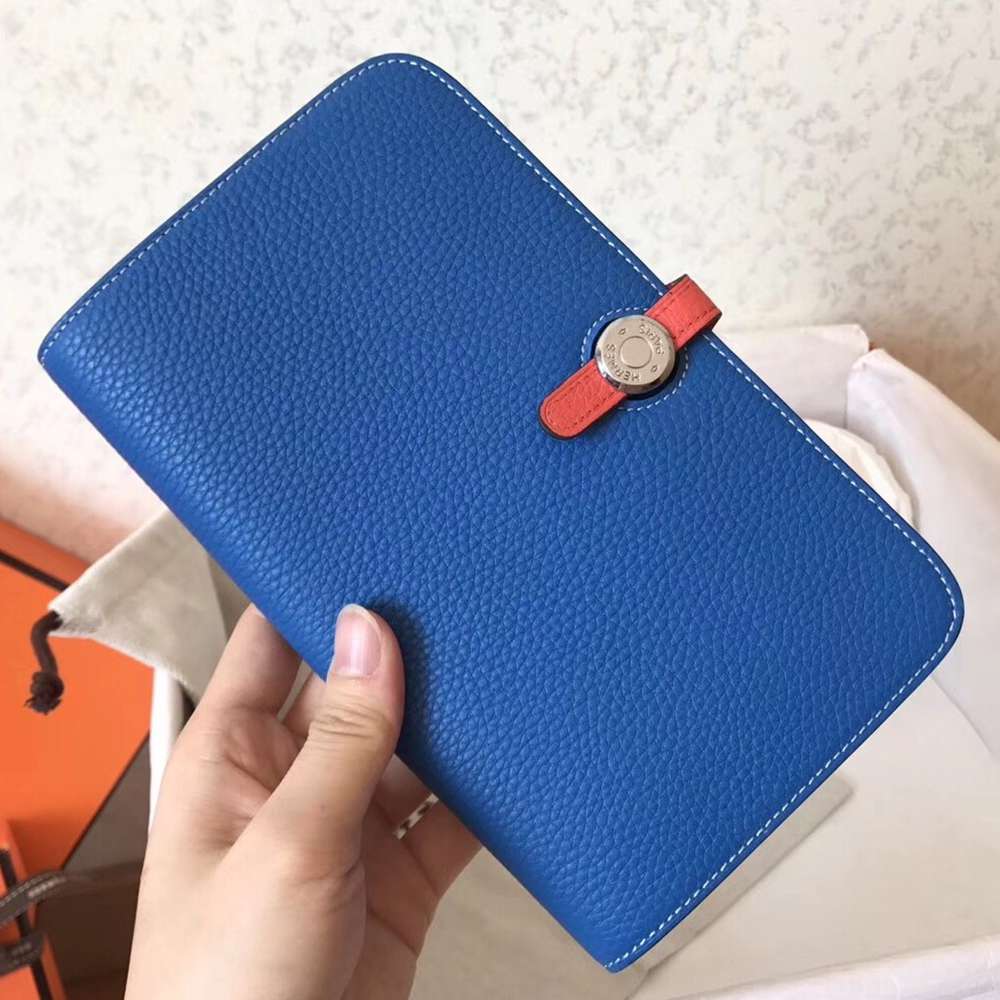 Hermes Bicolor Dogon Duo Wallet In Blue Piment Leather