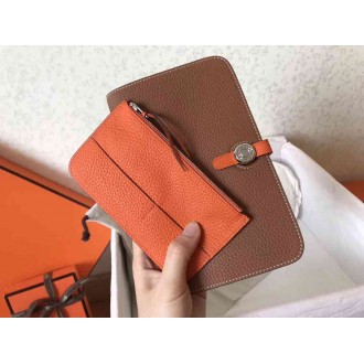 Hermes Bicolor Dogon Duo Wallet In Brown Orange Leather