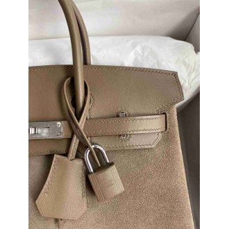Hermes Birkin 25 Grizzly Bag in Taupe Veau Doblis and Swift Leather
