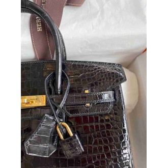 Hermes Birkin 25 Handmade Bag in Black Porosus Crocodile Shiny Skin