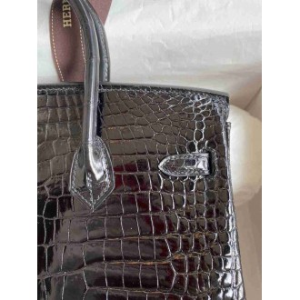Hermes Birkin 25 Handmade Bag in Black Porosus Crocodile Shiny Skin