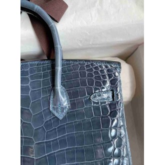 Hermes Birkin 25 Handmade Bag in Blue Tempete Crocodile Niloticus Shiny Skin