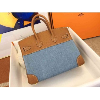 Hermes Birkin 25 Handmade Bag in Denim & Gold Clemence Leather