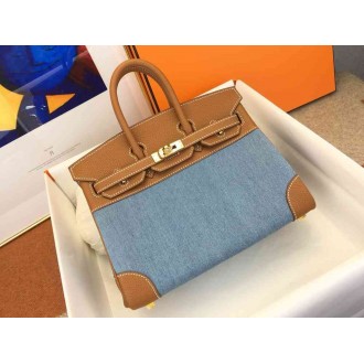 Hermes Birkin 25 Handmade Bag in Denim & Gold Clemence Leather