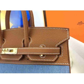 Hermes Birkin 25 Handmade Bag in Denim & Gold Clemence Leather