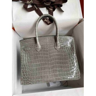 Hermes Birkin 25 Handmade Bag in Gris Ciment Crocodile Niloticus Shiny Skin