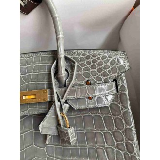 Hermes Birkin 25 Handmade Bag in Gris Ciment Crocodile Niloticus Shiny Skin