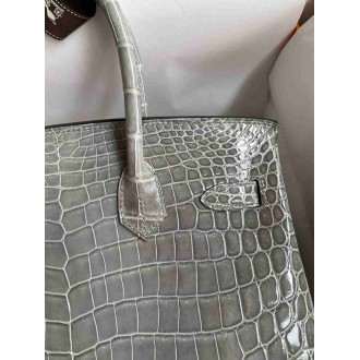 Hermes Birkin 25 Handmade Bag in Gris Ciment Crocodile Niloticus Shiny Skin