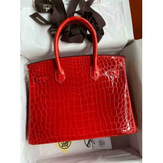 Hermes Birkin 25 Handmade Bag In Red Crocodile Niloticus Shiny Skin