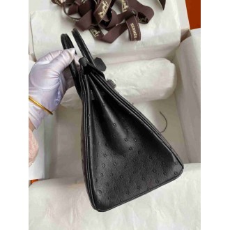 Hermes Birkin 25 Retourne Handmade Bag In Black Ostrich Leather