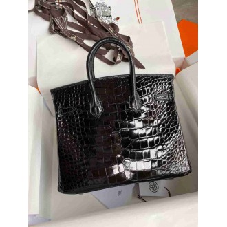 Hermes Birkin 25 Retourne Handmade Bag In Black Shiny Alligator Leather