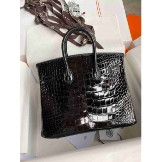 Hermes Birkin 25 Retourne Handmade Bag In Black Shiny Alligator Leather