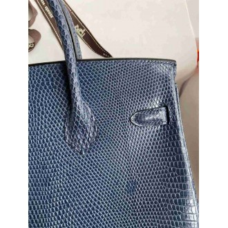Hermes Birkin 25 Retourne Handmade Bag In Blue Saphir Lizard Leather