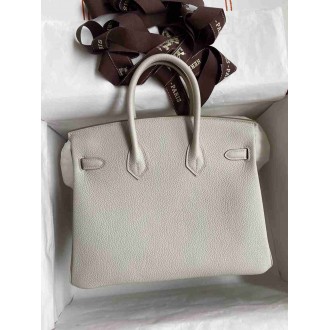 Hermes Birkin 25 Retourne Handmade Bag In Pearl Grey Clemence Leather