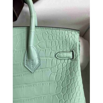 Hermes Birkin 25 Retourne Handmade Bag In Vert D'eau Matte Alligator Leather