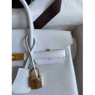 Hermes Birkin 25 Retourne Handmade Bag In White Clemence Leather