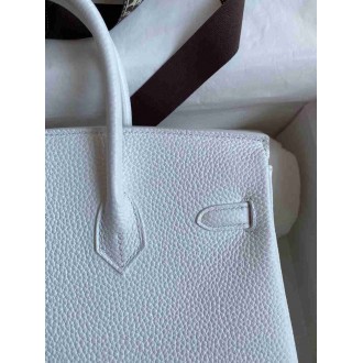 Hermes Birkin 25 Retourne Handmade Bag In White Clemence Leather