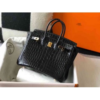 Hermes Birkin 25cm Bag In Black Embossed Crocodile Leather