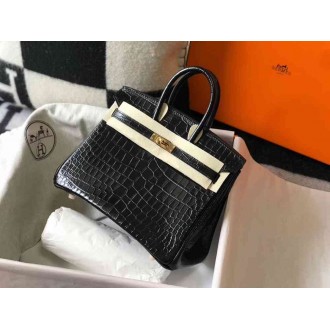 Hermes Birkin 25cm Bag In Black Embossed Crocodile Leather