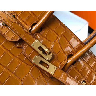 Hermes Birkin 25cm Bag In Gold Embossed Crocodile Leather