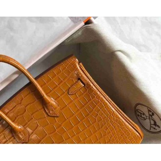 Hermes Birkin 25cm Bag In Gold Embossed Crocodile Leather
