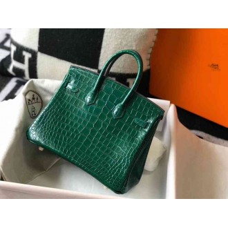 Hermes Birkin 25cm Bag In Green Embossed Crocodile Leather