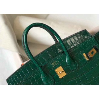 Hermes Birkin 25cm Bag In Green Embossed Crocodile Leather