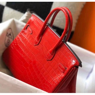 Hermes Birkin 25cm Bag In Red Embossed Crocodile Leather