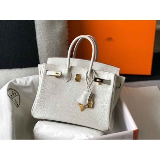 Hermes Birkin 25cm Bag In White Embossed Crocodile Leather